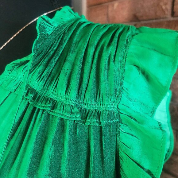 Rachel Zoe Emerald Green Ruffled Cap Sleeves, V-Neck & Shoulder Rouching - Sz XS - Picture 3 of 9